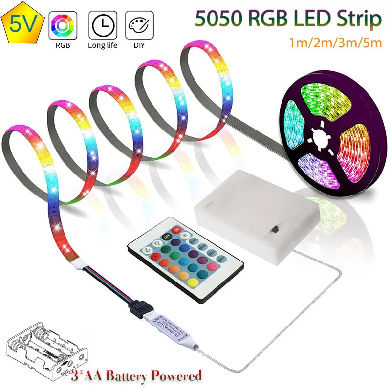 LED strip light 3AA battery with USB socket 5V 5050 SMD flexible color strip lamp, suitable for room vanity, computer
