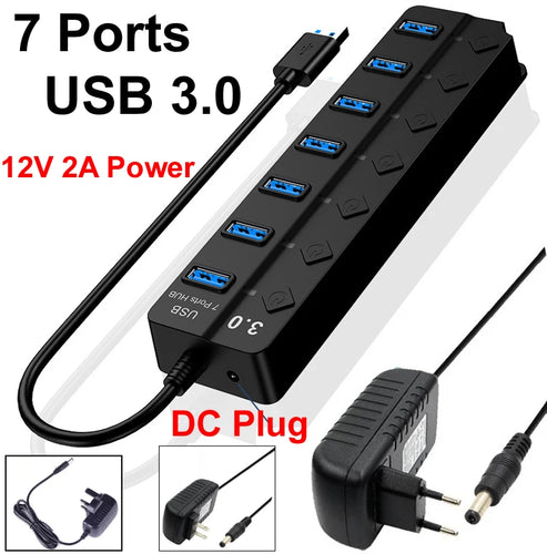4/7 Ports USB 3.0 Hub Splitter with Switch Power indicator Provied DC 12V 2A Power and 5Gbps Data Transmit for Laptop PC Mouse